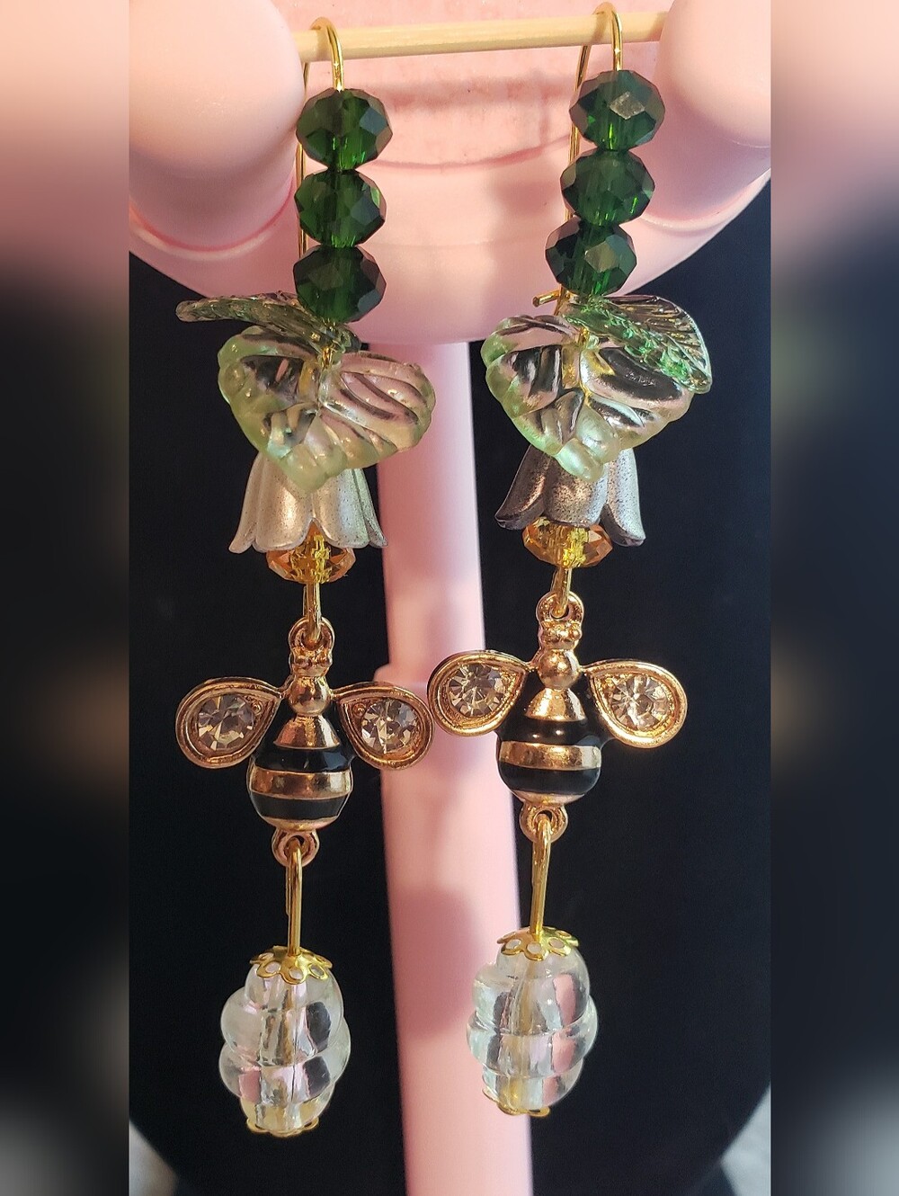 Beautiful Handmade Dangle Earrings / Jewelry With Bee Charms & Flower Details